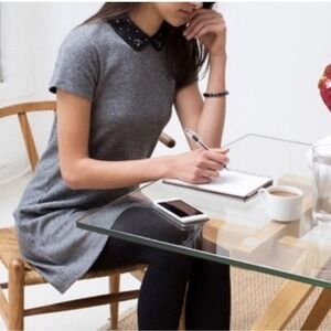 LOFT Jeweled Peter Pan Collar Dress 100% Cotton Soft Feel Gray Shift Mini Dress